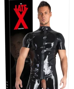 Late X Koszulka Męska Lateksowa z Zamkiem i Kołnierzykiem Czarna M
