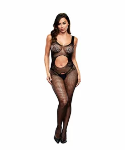 Baci Bodystocking Open Front Jacquard Crotchless, siateczka, One Size