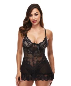 Baci Mini Czarna Koszulka Koronkowa M/L z Pasującymi Stringami