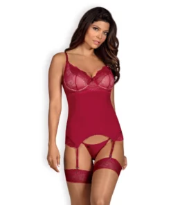 Obsessive Rosalyne gorset i stringi czerwony S/M, regulowany, koronka