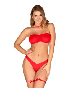 Obsessive Kissmas komplet czerwony S/M z chokerem i podwiązkami