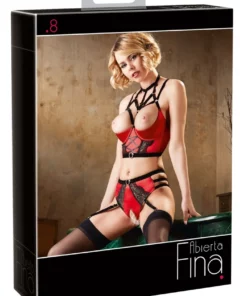 Abierta Fina Komplet Satynowy Koronka Czerwony 2-częściowy 80C/M