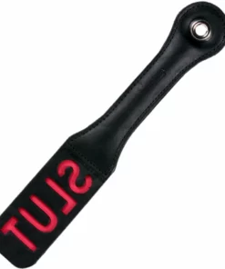 Sportsheets Leather Impression Paddle model z napisem, czarne