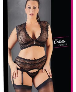 Cottelli Curves komplet koronkowy z pasem do pończoch 4XL czarny