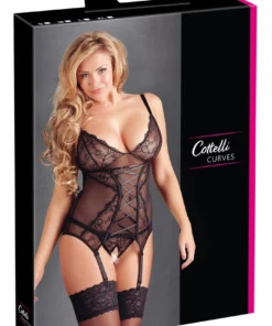 Cottelli Curves koszulka koronkowa + otwarte stringi 4XL czarna