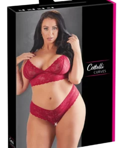 Cottelli Curves komplet koronkowy czerwony stanik bez zapięcia i stringi 2XL
