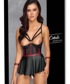 Cottelli Bondage Gorset Longline 75B/S z Mankietami i Stringami Czarny