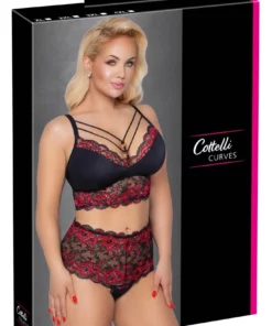 Cottelli Curves komplet koronkowy czarny 2XL z wysokimi stringami
