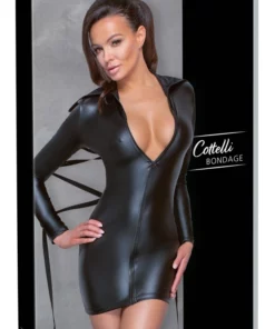 Cottelli Bondage sukienka czarna matowa M z wysokim kołnierzem i taśmą
