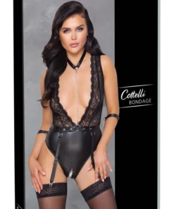 Cottelli Bondage Body z mankietami, obrożą i paskami L czarne