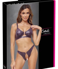 Cottelli Lingerie Zestaw Fioletowy Wet Look S - Biustonosz i Majtki Otwarte