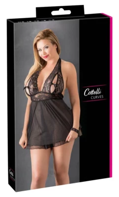 Cottelli Curves Babydoll czarna 2XL z ozdobną kokardką i rozcięciem
