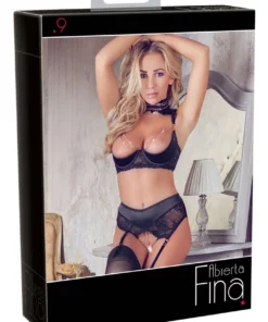 Abierta Fina komplet koronkowy 75B/S otwarty biustonosz stringi czarny