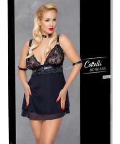Cottelli Bondage sukienka z koronką, obroża i mankiety 2XL czarna