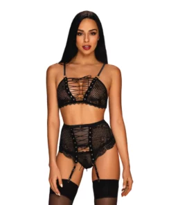 Obsessive Basitta Czarny 3-częściowy komplet bielizny L/XL z koronką