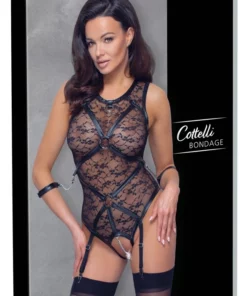 Cottelli Bondage Body Koronkowe Bez Kroku + Mankiety XL Kwiatowe