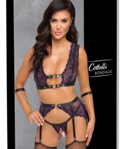 Cottelli Collection Bondage komplet koronkowy fioletowy L z mankietami