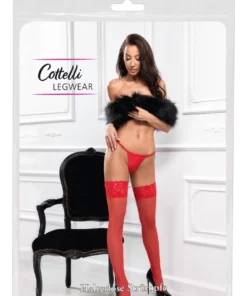 Cottelli LEGWEAR Pończochy czerwone z koronką i silikonowym paskiem 20 den