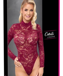 Cottelli Lingerie Body Koronkowe z Długim Rękawem Bordowe M