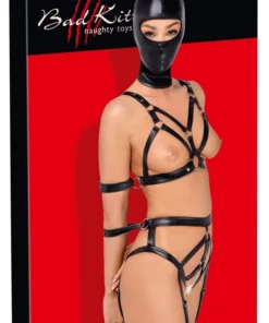 Bad Kitty Zestaw Skorzanych Uprzęży z Maską na Głowę L, czarny