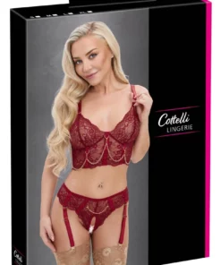 Cottelli LINGERIE Bra Set with Chains M bordowy koronkowy komplet